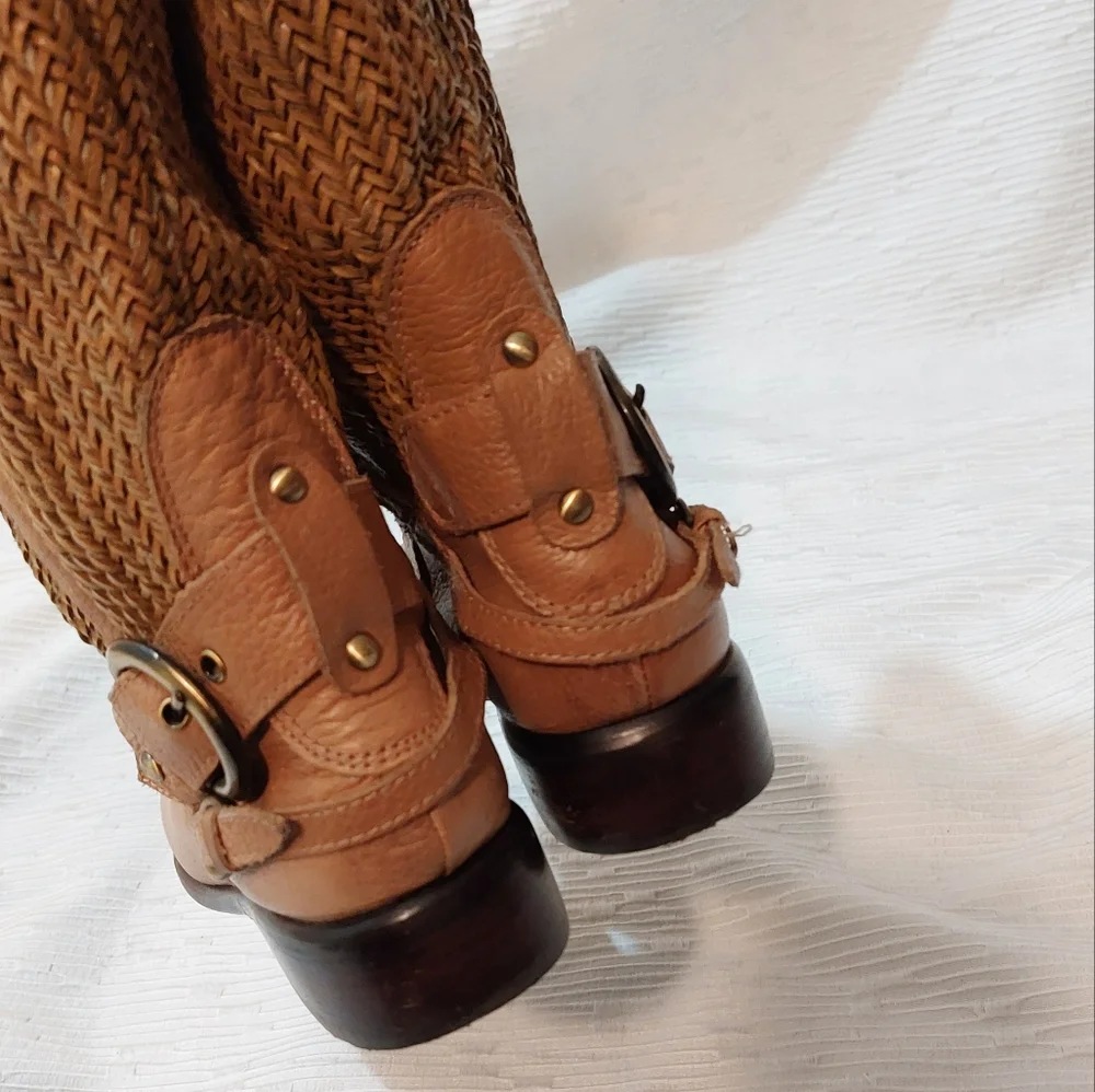Anthropologie Tan/brown Leather Woven Over the Knee Riding Boots Size 6